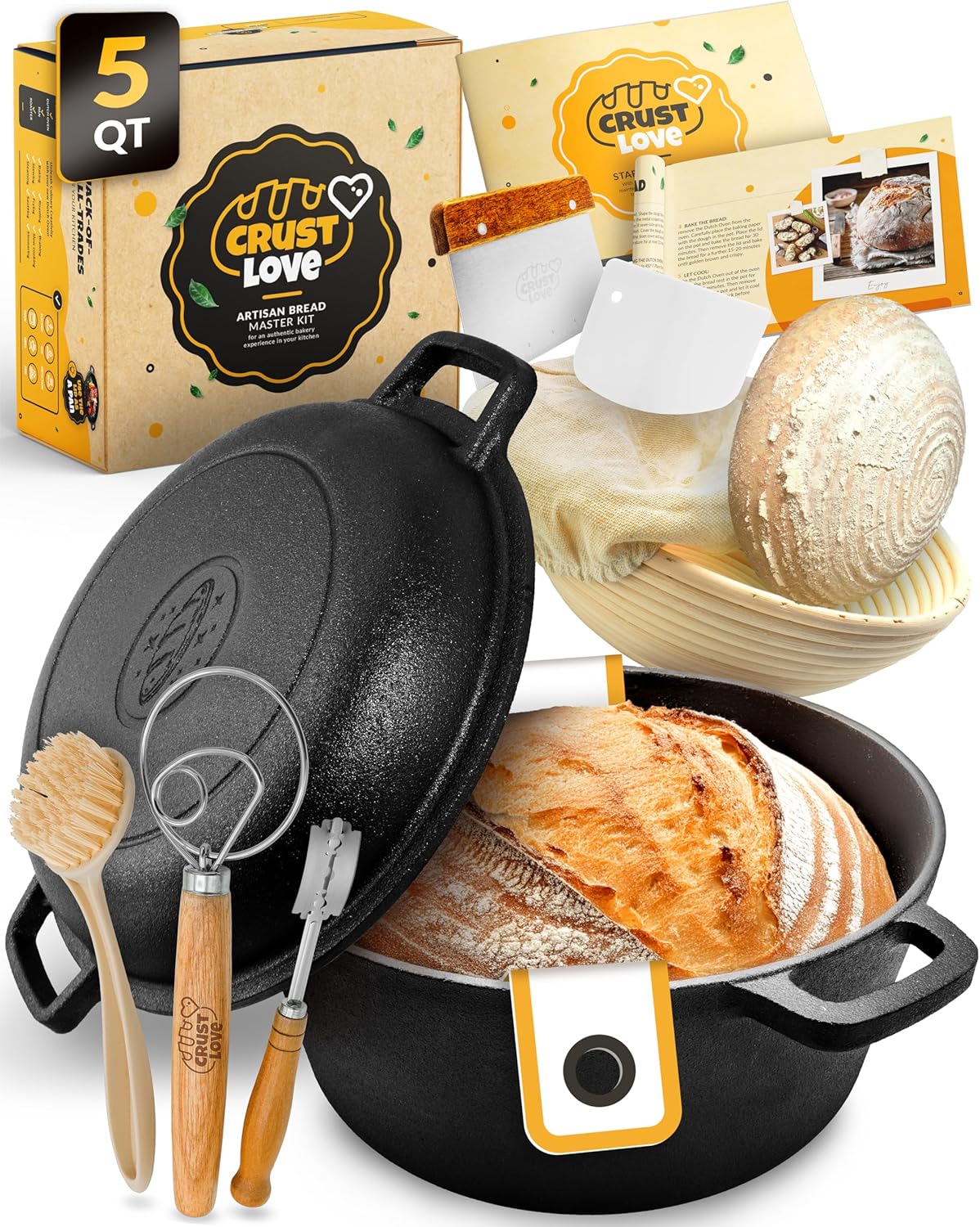 Cast Iron Dutch Oven for Bread Baking - incl. Sourdough Bread-Baking Supplies like Banneton Bread-Proofing Basket - 5QT Bread-Oven with Lid Bread-Making Kit Pan, Pot, Sour Sough Tools, Lame