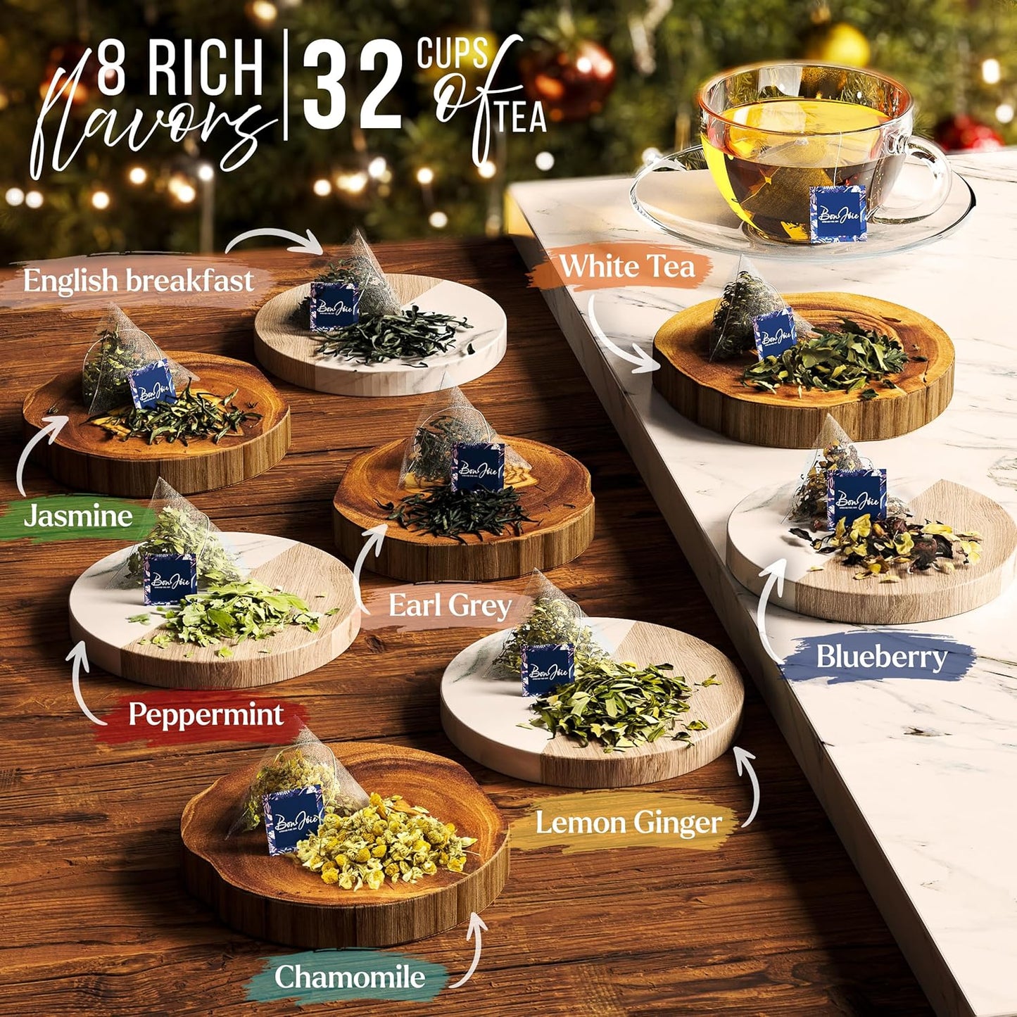 Tea Gift Set For Women - Tea Sampler Gift Set Box Variety Pack - Includes 8 Rich Flavors, 32 Tea Bags - Tea Set For Christmas Gifts For Women - Loose Leaf Tea Sampler For Tea Gifts For Tea Lovers