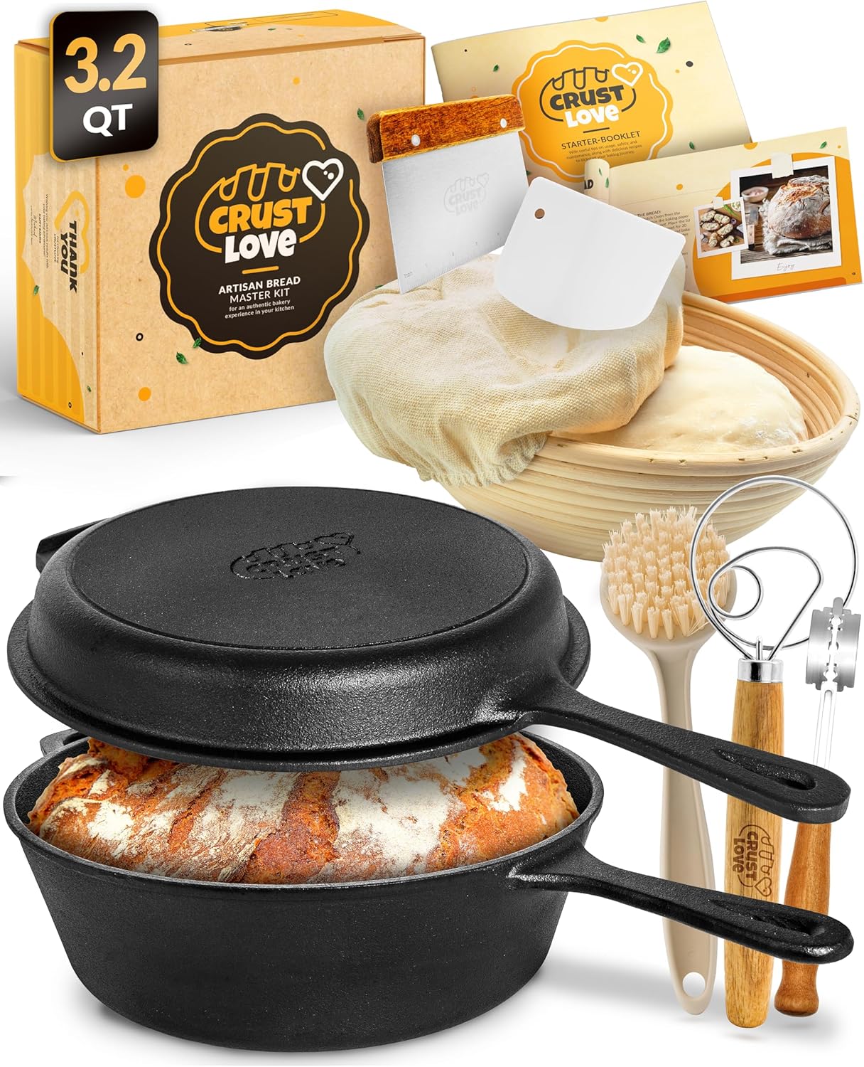 Cast Iron Dutch Oven for Bread Baking - incl. Sourdough Bread Baking Supplies like Banneton Bread-Proofing Basket - 3.2QT Bread-Oven with Lid and handles -Bread pan, Bread-Banking Pan