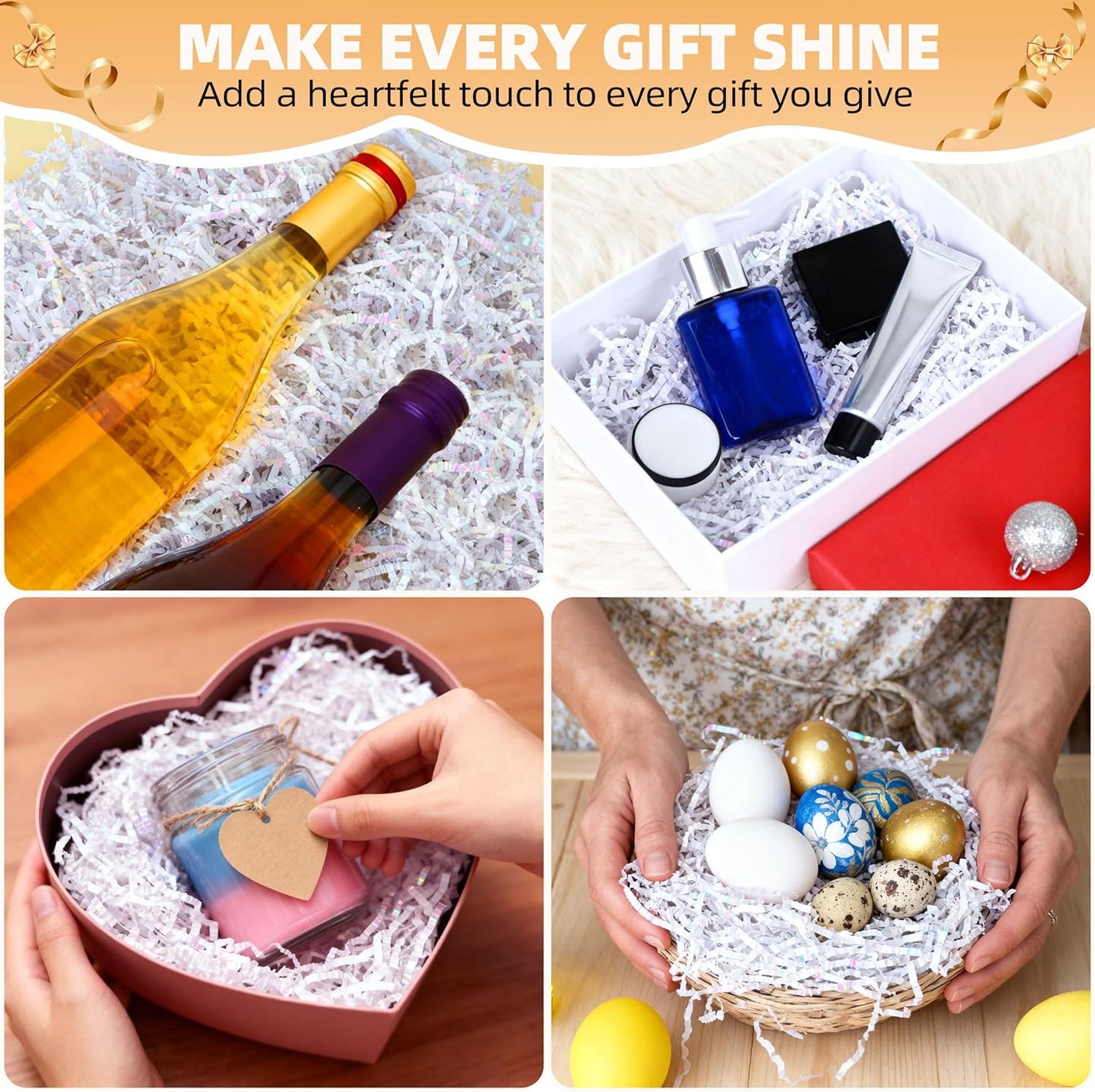 Crinkle Cut Paper 7oz Shredded Packing Grass Cushion Paper for Gift Baskets Christmas Wedding Birthday Bridesmaid Engagement Craft Gift boxes Bags Filler (Diamond White)