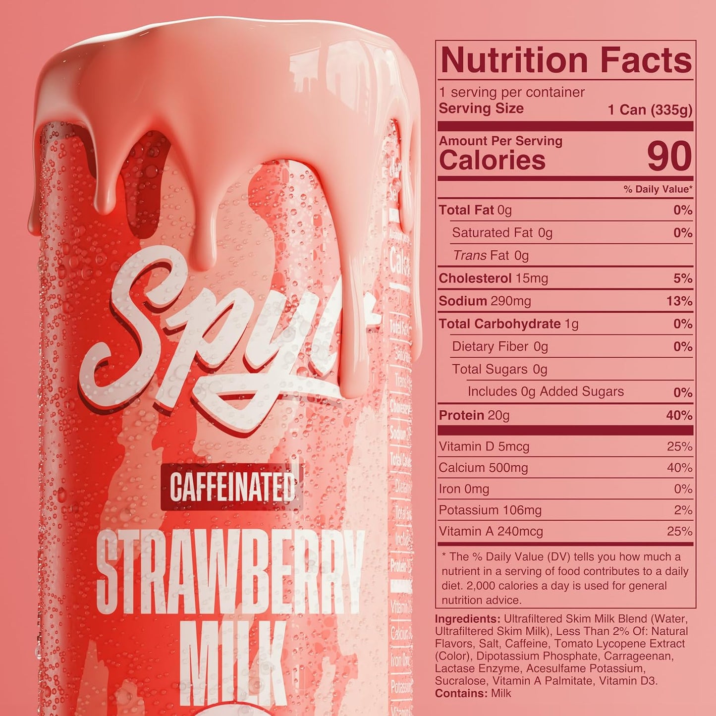 Spylt High Protein Strawberry Milk with 60mg Caffeine & 20g Protein - 90 Calories, Ready to Drink, Sugar Free, Lactose Free Milk, Perfect for Workout Recovery & Afternoon Pick Me Up - 12 Count
