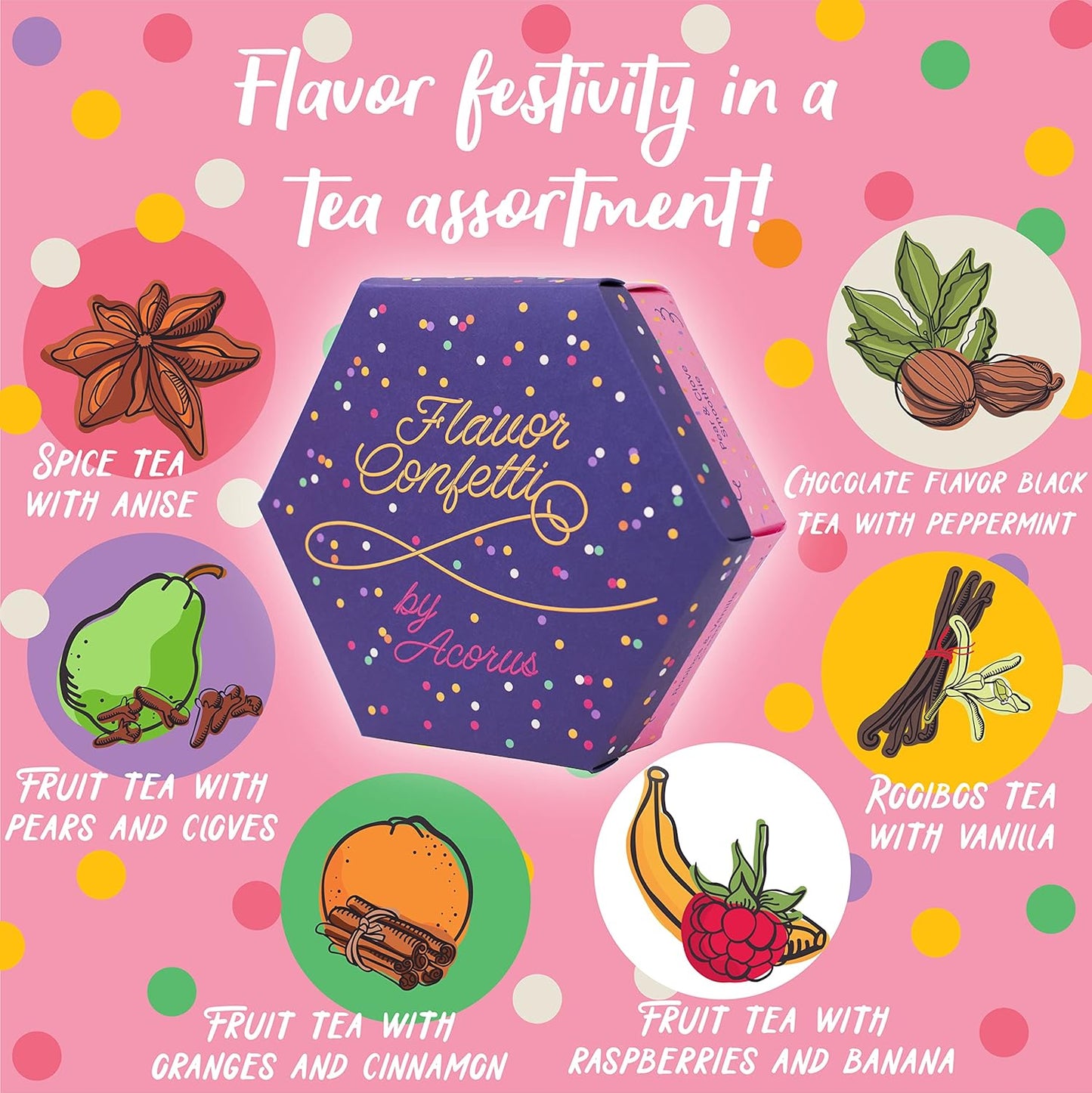 ACORUS | Flavor Confetti Tea Assortment | Natural Fruit and Herbal Tea Gift Set | Celebrate with 6 Different Flavors | Large Selection Tea Set | Tea Box For Various Occasions - 60 Tea Bags