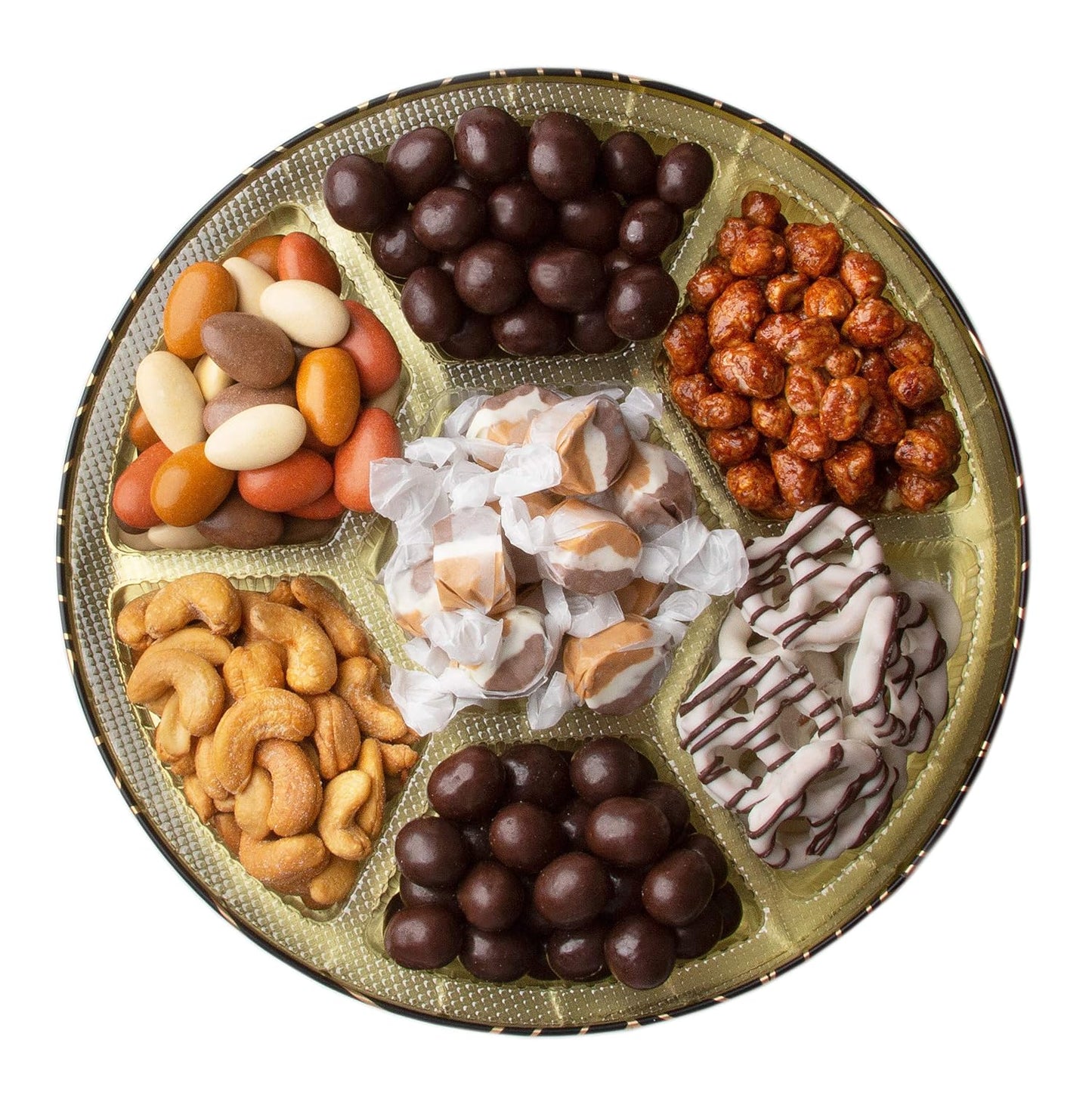 Oh! Nuts Chocolate Covered Pretzels and Nuts Gift Basket - 7 Section Gourmet Assorted Chocolates Gifts Baskets - Healthy Chocolate Round Metal Tin Box for Birthday, Holiday, Corporate, Family, Men & Women