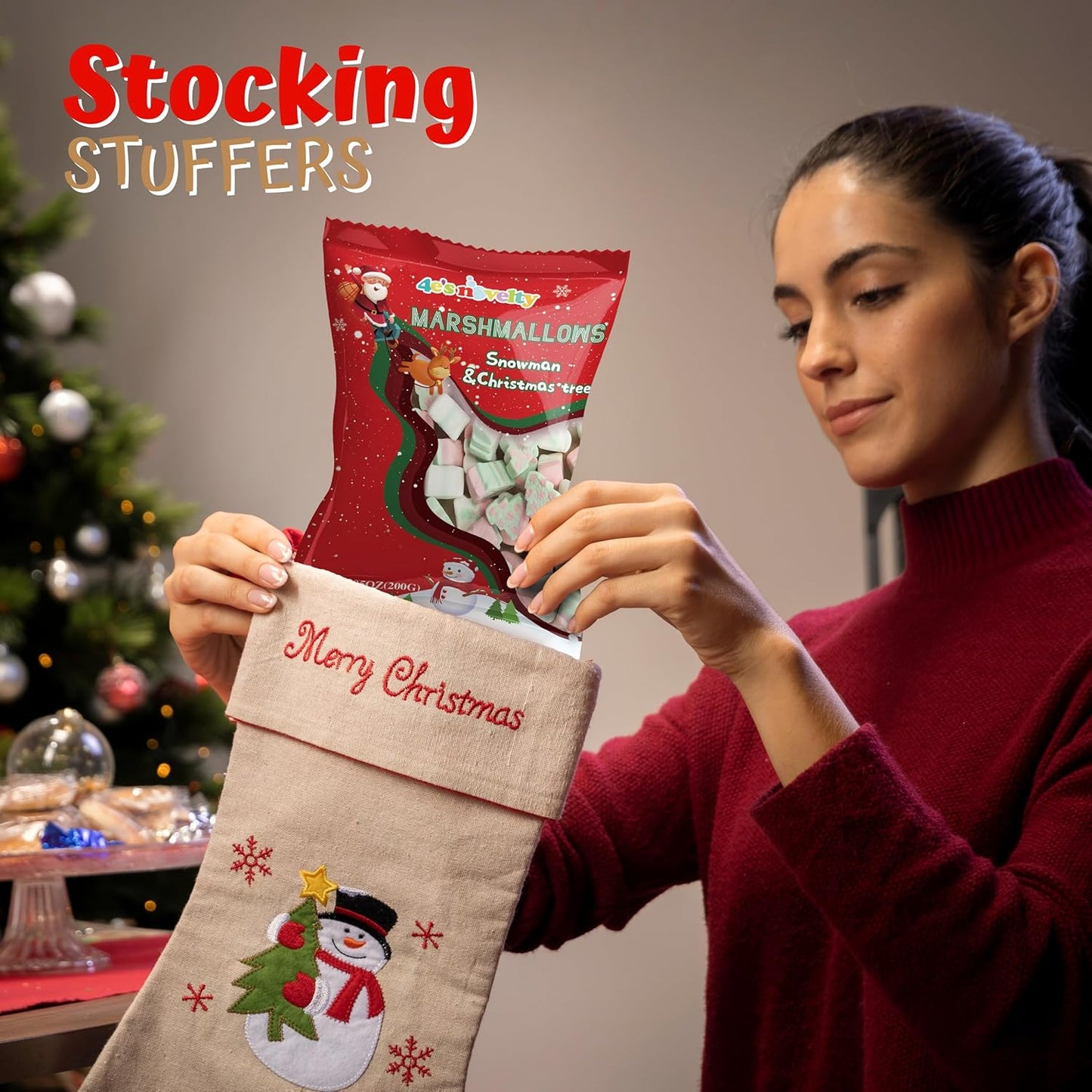 4E's Novelty Sweet Christmas Marshmallow Soft Candy Treats 65pcs (200gram) Bulk Snowman & Santas Shapes, Christmas Candy Stocking Stuffers Snacks, Party Favor for Kids & Adults