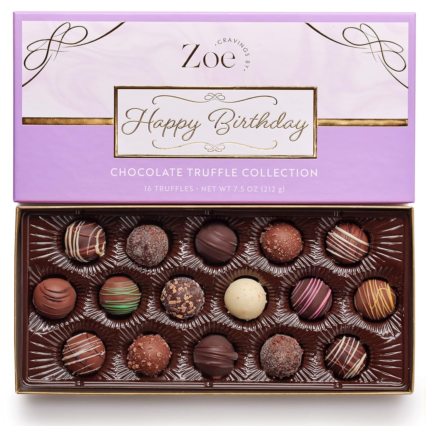 CRAVINGS BY ZOE Happy Birthday Chocolate Truffles Gift Box | 16 Count | Assorted Gourmet Milk & Dark Chocolate Candy Food Gift Basket | Birthday Gifts for Women & Men Mom Dad Kid Him Her Adult Family