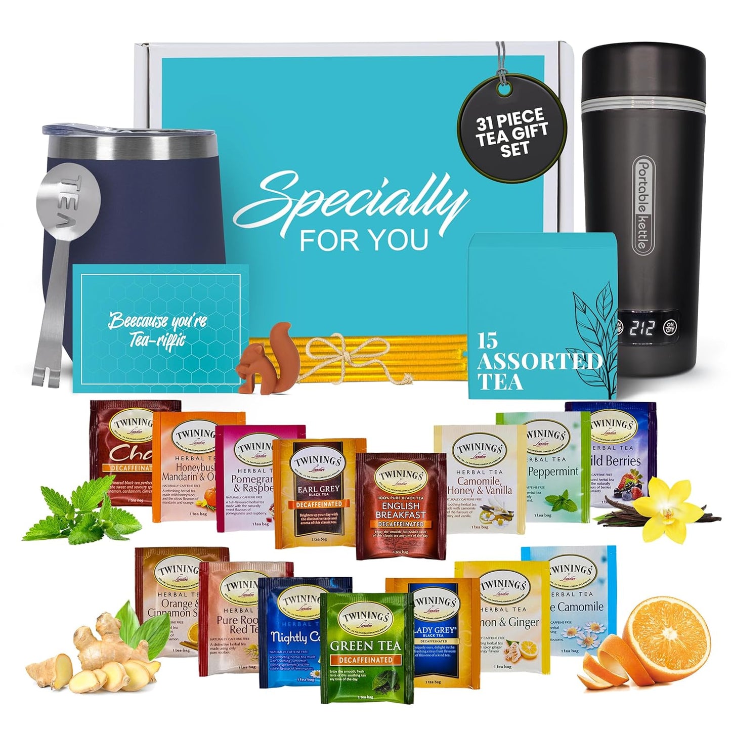 Modern Elegance Tea Set with Portable Kettle – 31-Piece Collection Featuring an Insulated Mug, Decaf Teas, Honey Sticks & Accessories (Decaffeinated)