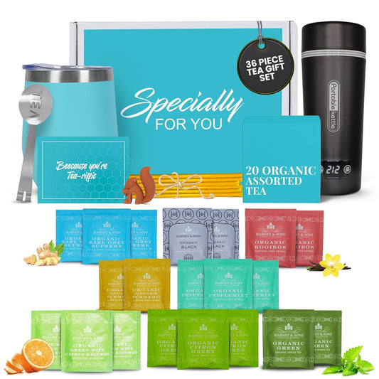 Gift Set with Kettle – 36-Piece Sampler for Tea Lovers with Insulated Mug, Organic Blends & Accessories (Organic Hrny & Sons Tea)