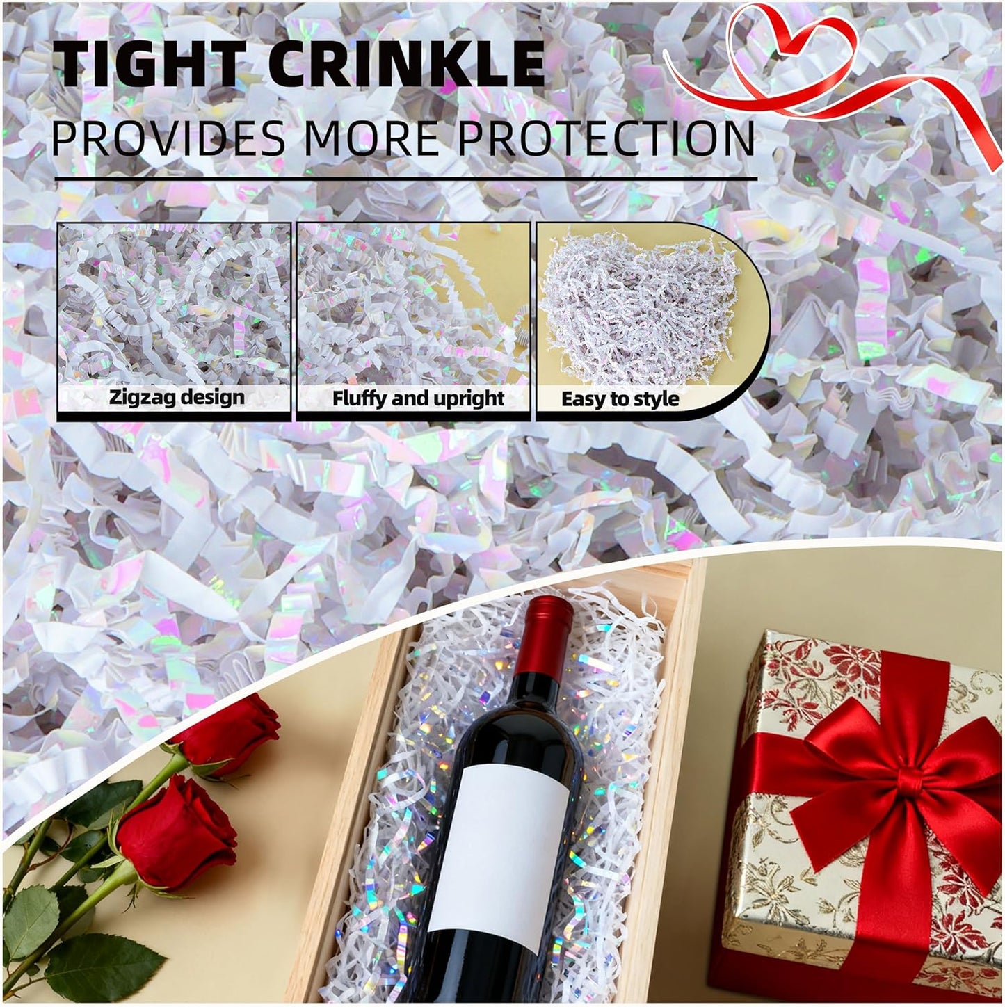 Crinkle Cut Paper 7oz Shredded Packing Grass Cushion Paper for Gift Baskets Christmas Wedding Birthday Bridesmaid Engagement Craft Gift boxes Bags Filler (Diamond White)
