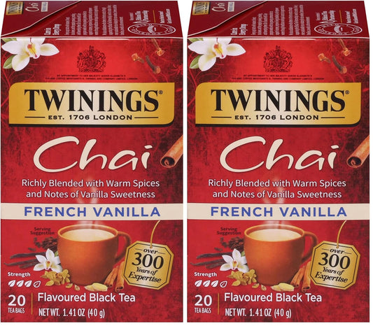 Twinings French Vanilla Chai Black Tea Individually Wrapped Bags, 20 Count (Pack of 2), Warm, Sweet & Spicy, Caffeinated, Enjoy Hot or Iced, 20 Teabags