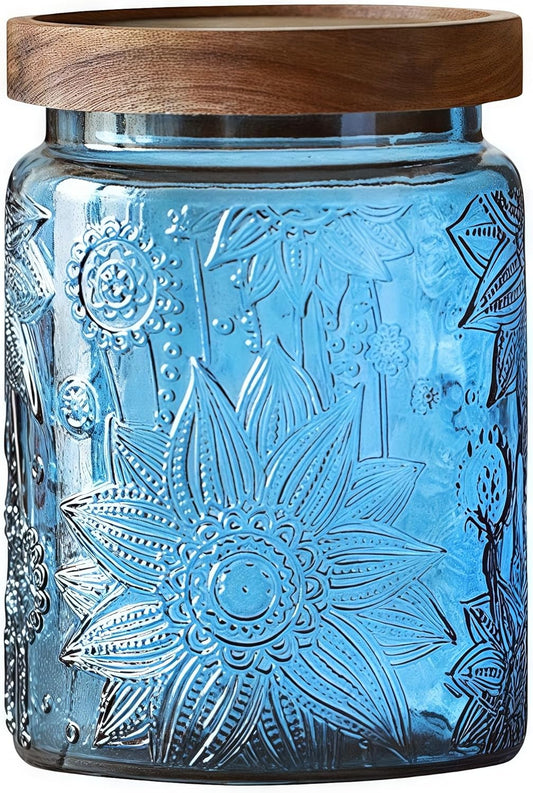 ANSQU Vintage 23.7oz Glass Mason Jar with Solid Wood Lid - Decorative Storage Canister for Tea, Coffee, Cookies, Candy, Bath Salts, Laundry Detergent - Kitchen & Bathroom Organizer (Blue, 1 Pack)