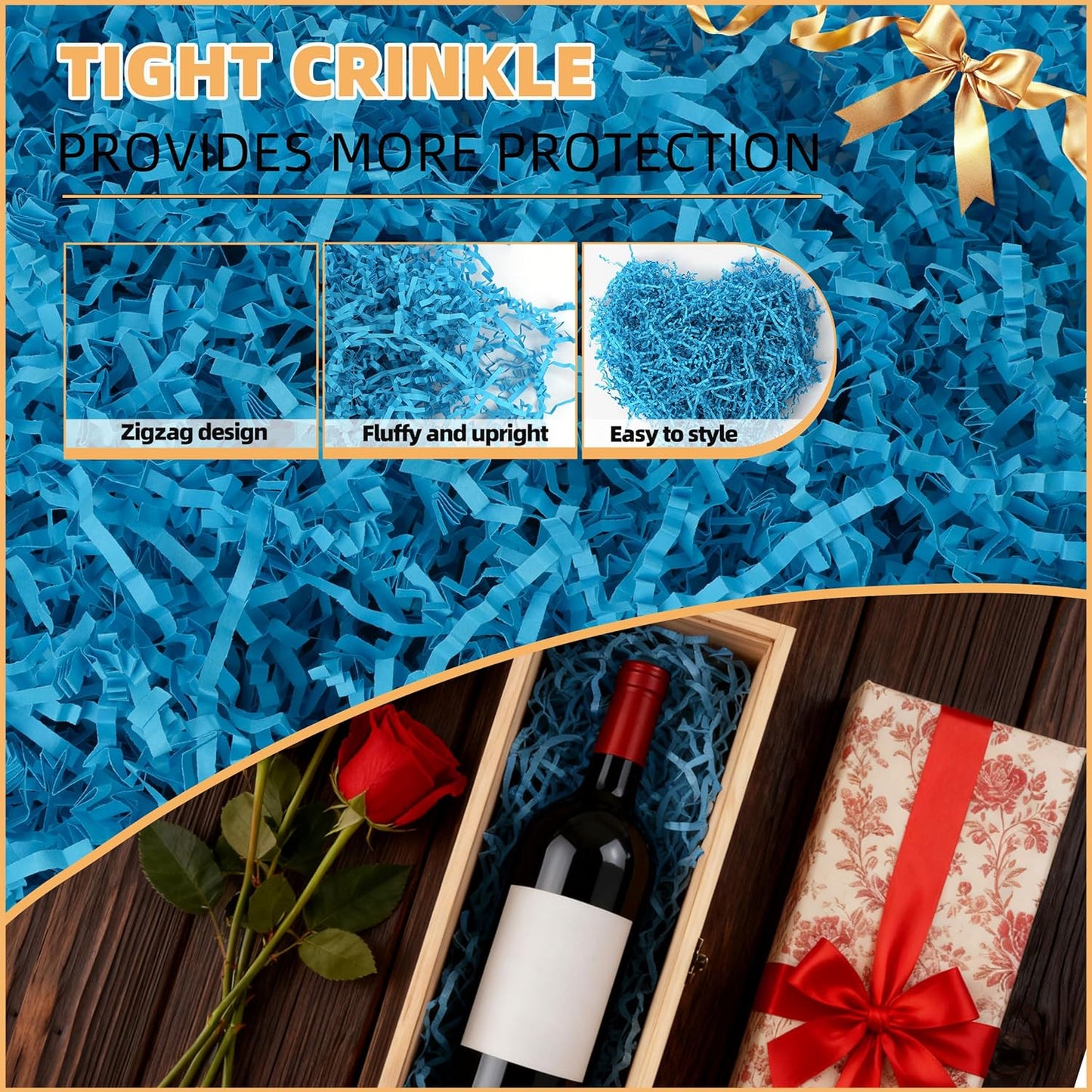 LWWTBS Crinkle Cut Paper 7oz Shredded Packing Grass Cushion Paper for Gift Baskets Christmas Wedding Birthday Bridesmaid Engagement Craft Gift boxes Bags Filler (Blue)