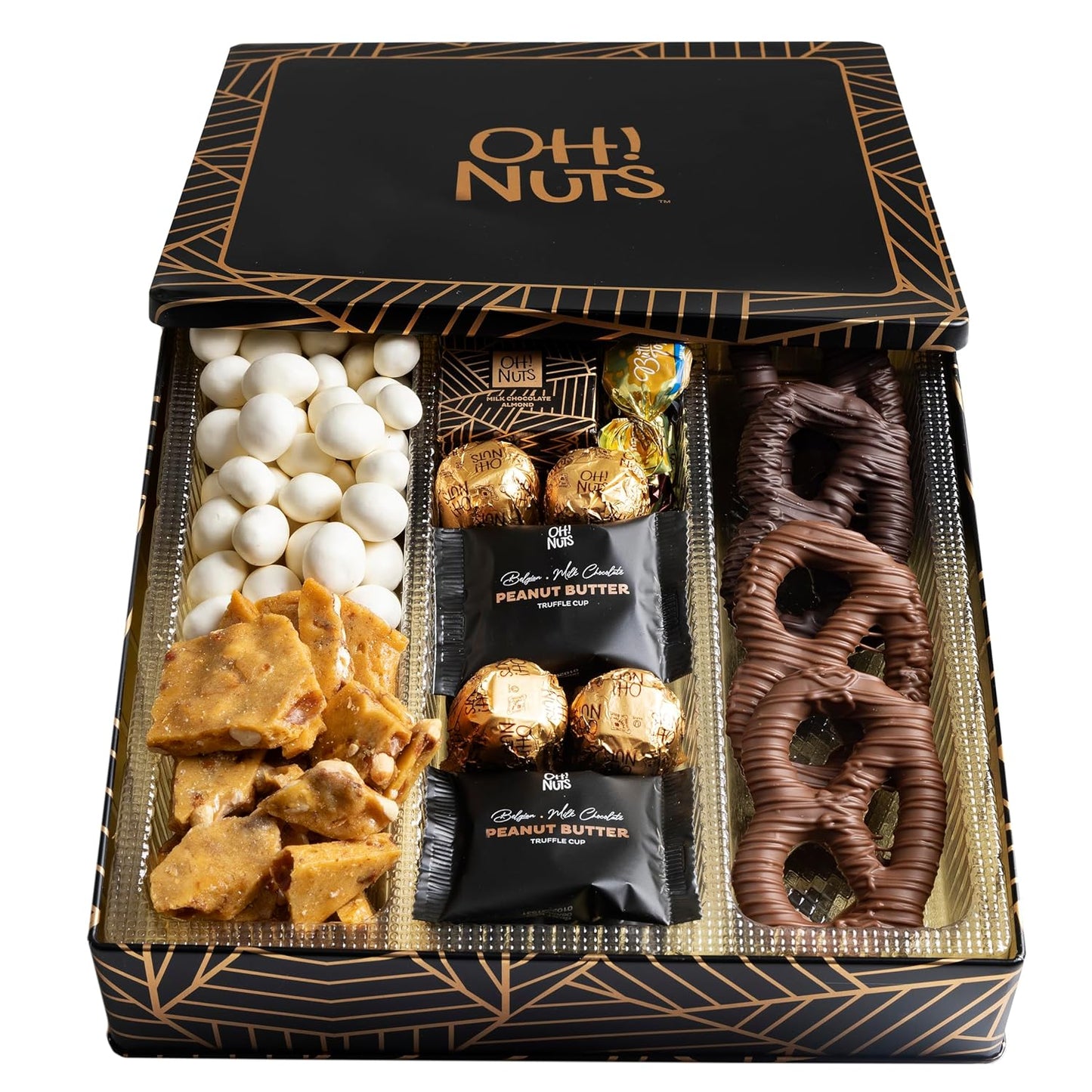 Oh! Nuts Chocolate Gift Basket - 6 Section Candy Square Metal Tin Box - Gourmet Assorted Chocolate Gifts Baskets - Healthy Chocolate Gifts Box for Birthday, Holiday, Corporate, Family, Men & Women