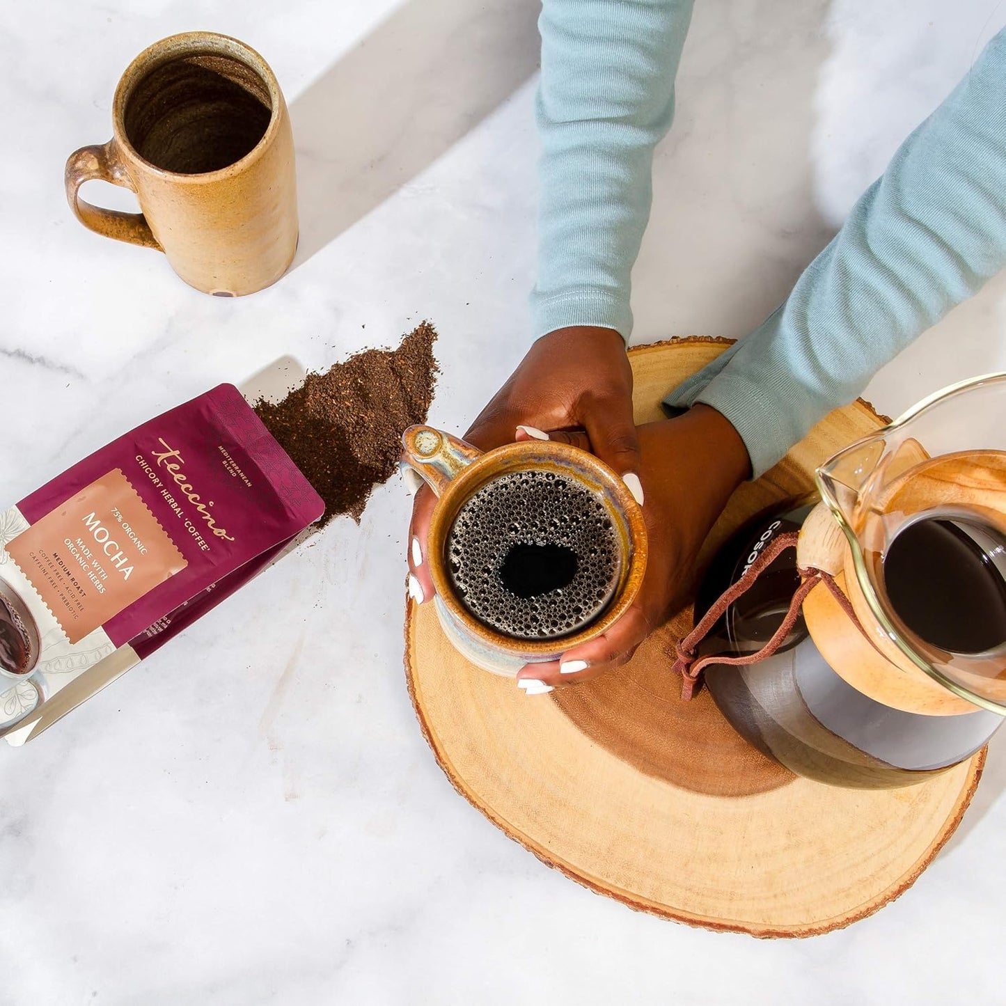 Teeccino Mocha Chicory Coffee Alternative - 11 Ounce - Ground Herbal Coffee That’s Prebiotic, Caffeine-Free & Acid Free, Medium Roast, (Pack of 3)