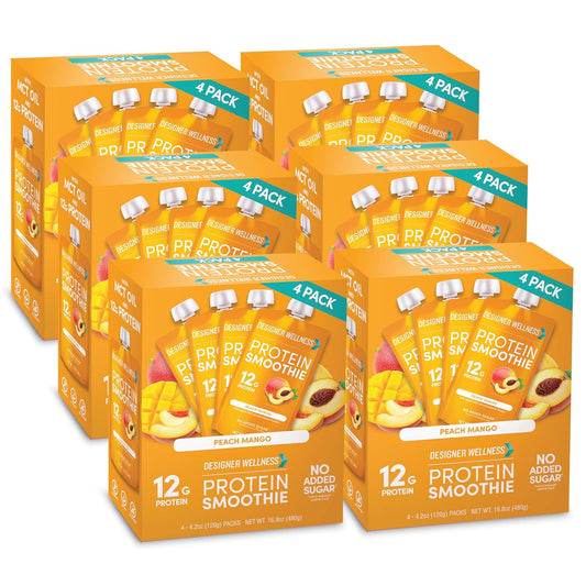 Designer Wellness Protein Smoothie, Real Fruit, 12g Protein, Low Carb, Zero Added Sugar, Gluten-Free, Non-GMO, No Artificial Colors or Flavors, Peach Mango, 24 Count