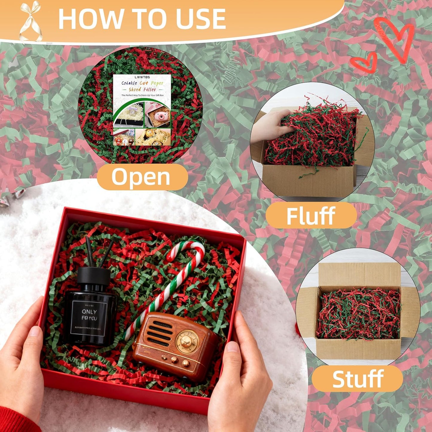 LWWTBS Crinkle Cut Paper 7oz Shredded Packing Grass Cushion Paper for Gift Baskets Christmas Wedding Birthday Bridesmaid Engagement Craft Gift boxes Bags Filler (Christmas)