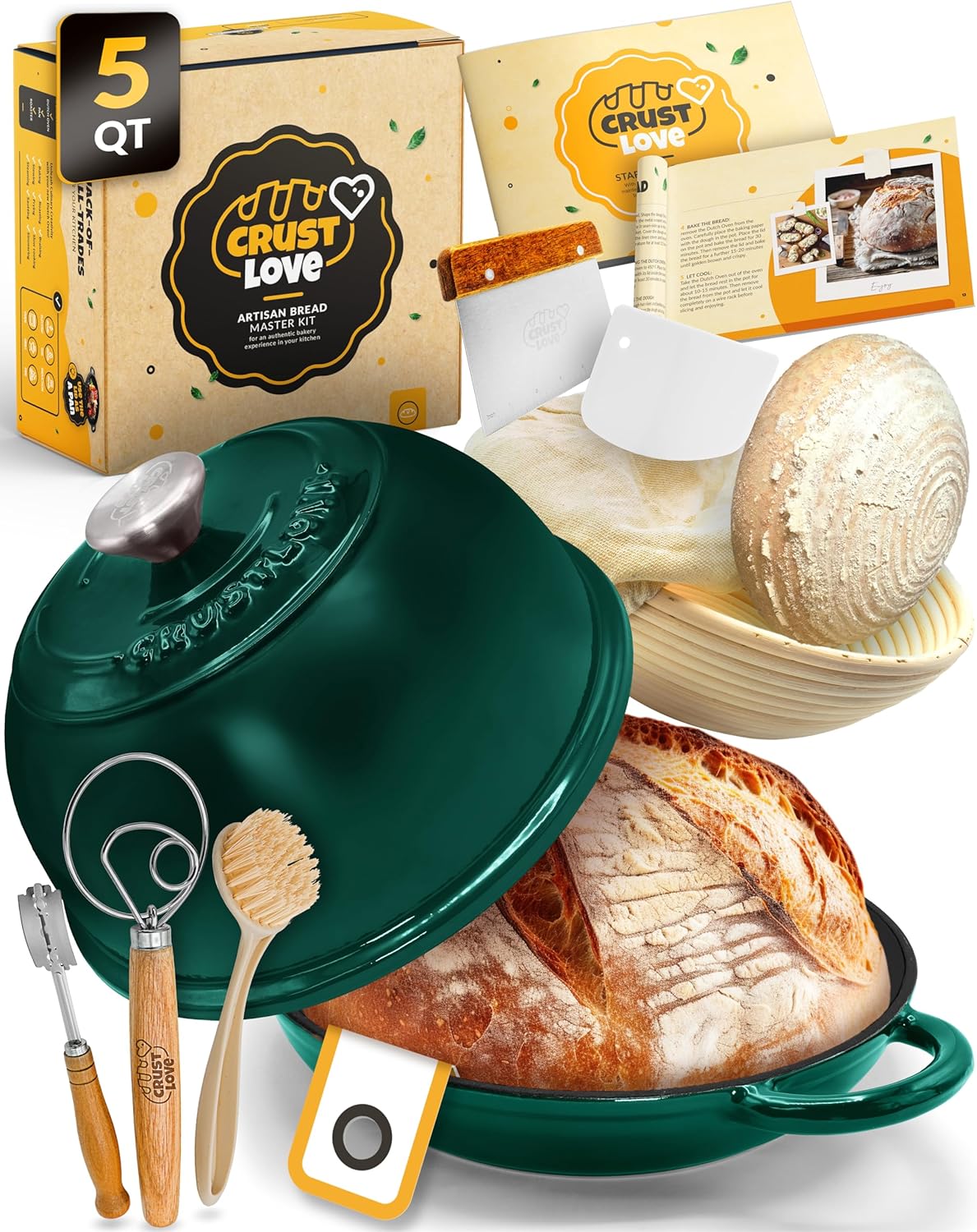 Dutch Oven Bread Baking - 5QT Enamel Bread-Oven - incl Sourdough Bread-Baking Suppliers like Dough Whisk Scoring Lame etc Bread-Dome Cast Iron Bread-Pan with Lid for Sour dough, Bread-makingBottle Green Dome