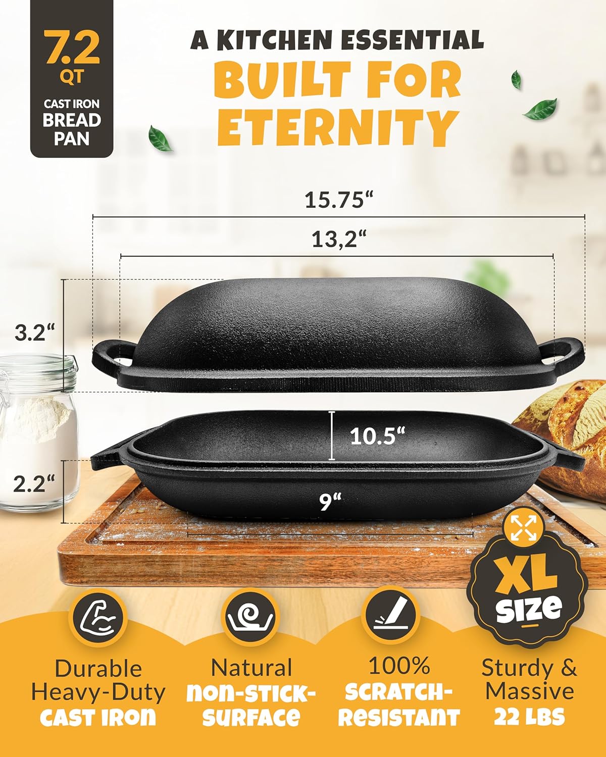 Cast Iron Bread-Pan with Lid - incl. Sourdough Bread Baking Supplies - like Banneton Bread-Proofing Basket - 7.2QT Bread-Oven Dutch, Oven for Bread-Baking Cast Iron Pan Scoring Tool Lame Kit