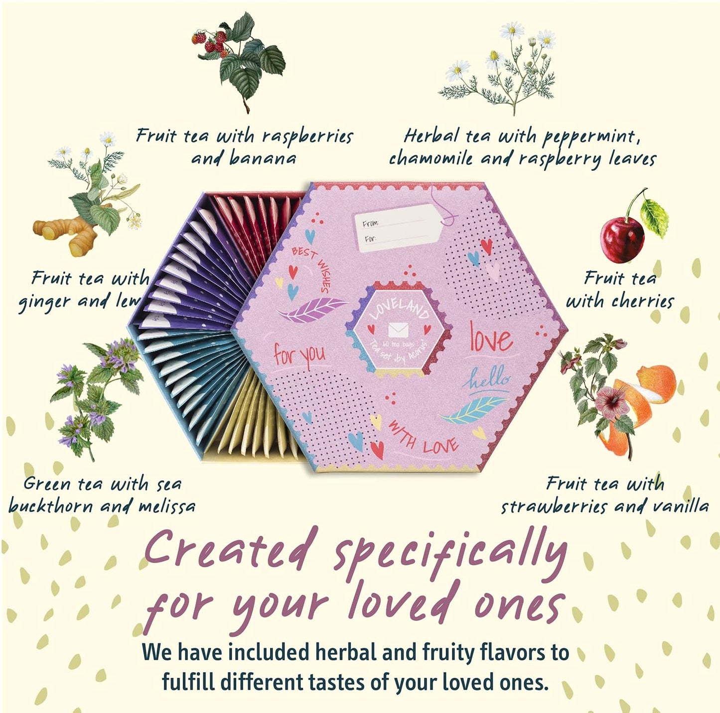 ACORUS | Loveland Tea Set | Natural Assorted Tea Hamper Box | Set of 6 flavors | Surprise your loved ones | Valentines box | Large Selection Box | Tea Gift Sets | 60 Tea Bags