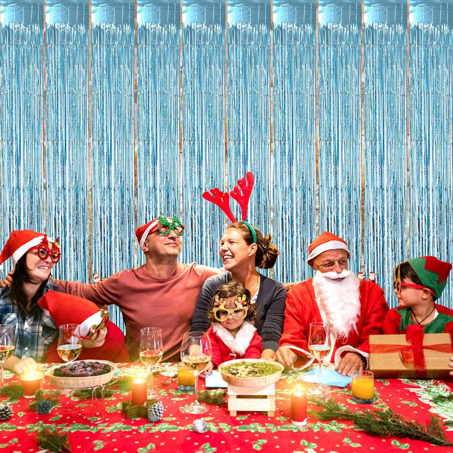 10 Pck Light Blue Foil Curtain Backdrop Metallic Tinsel Foil Fringe Curtains Photo Booth Props for Birthday Wedding Engagement Bachelorette Christmas Holiday Celebration Party Decorations Supplies