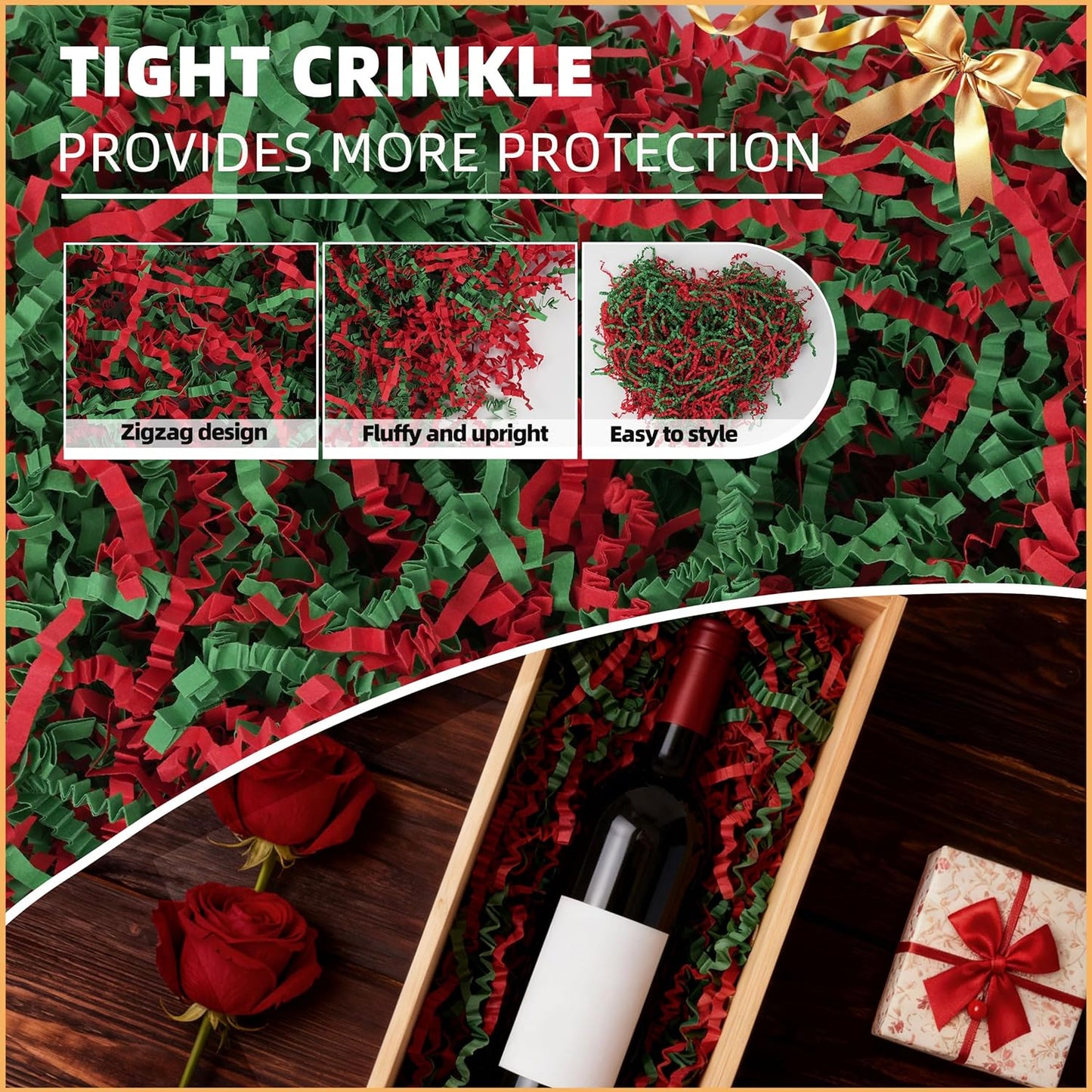 LWWTBS Crinkle Cut Paper 7oz Shredded Packing Grass Cushion Paper for Gift Baskets Christmas Wedding Birthday Bridesmaid Engagement Craft Gift boxes Bags Filler (Christmas)