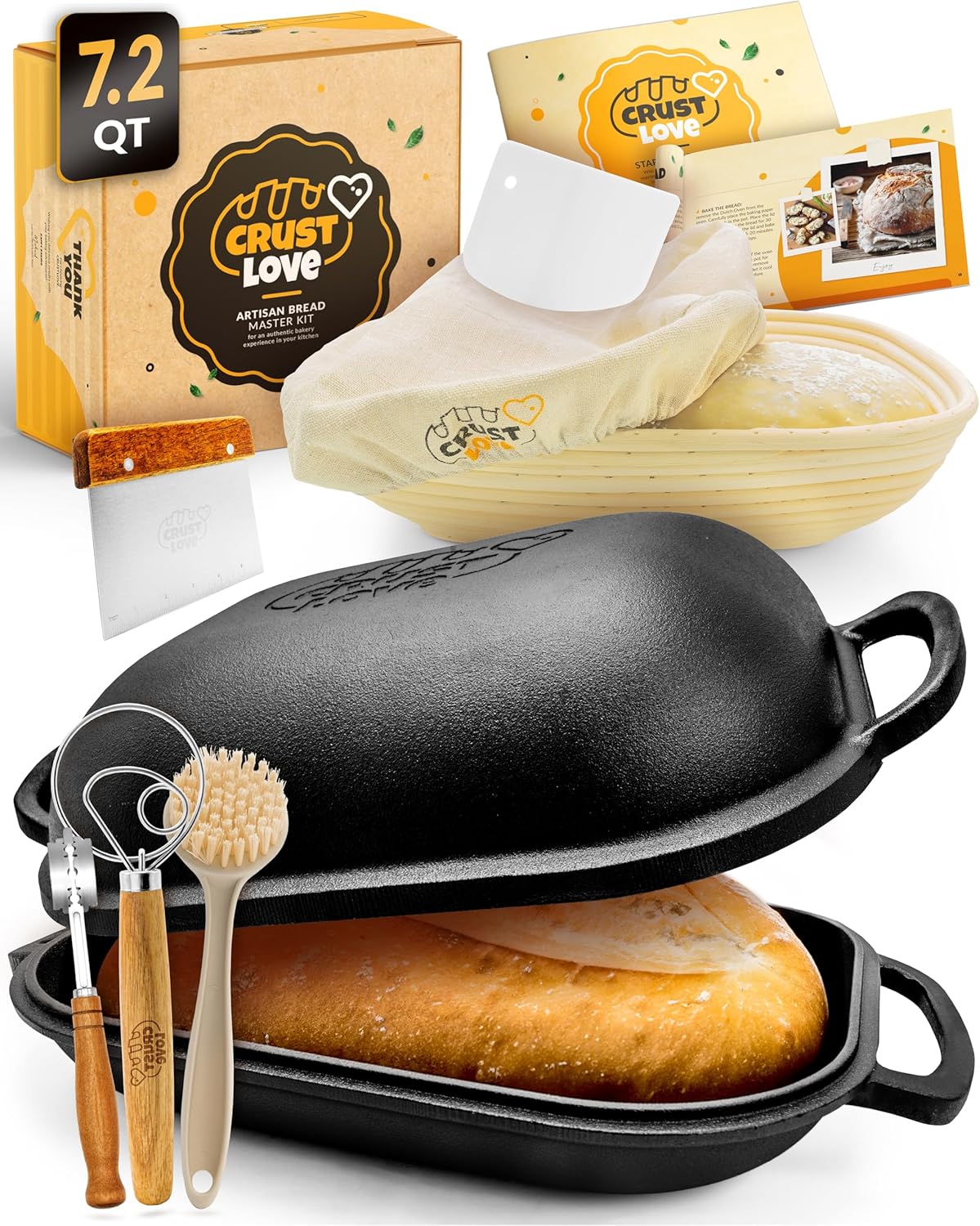 Cast Iron Bread-Pan with Lid - incl. Sourdough Bread Baking Supplies - like Banneton Bread-Proofing Basket - 7.2QT Bread-Oven Dutch, Oven for Bread-Baking Cast Iron Pan Scoring Tool Lame Kit
