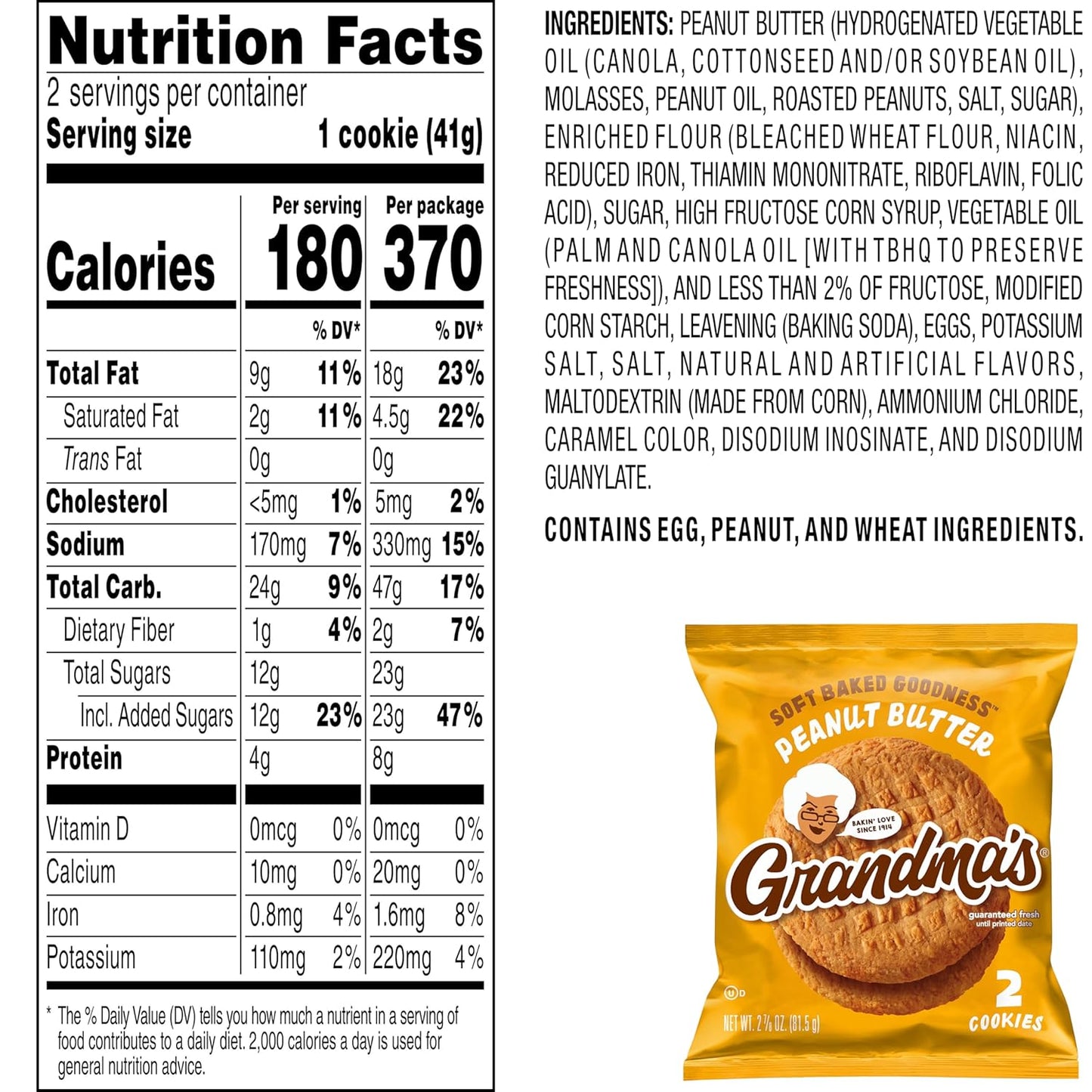 Grandma's Cookies, Peanut Butter, 2.5 Ounce (Pack of 10)