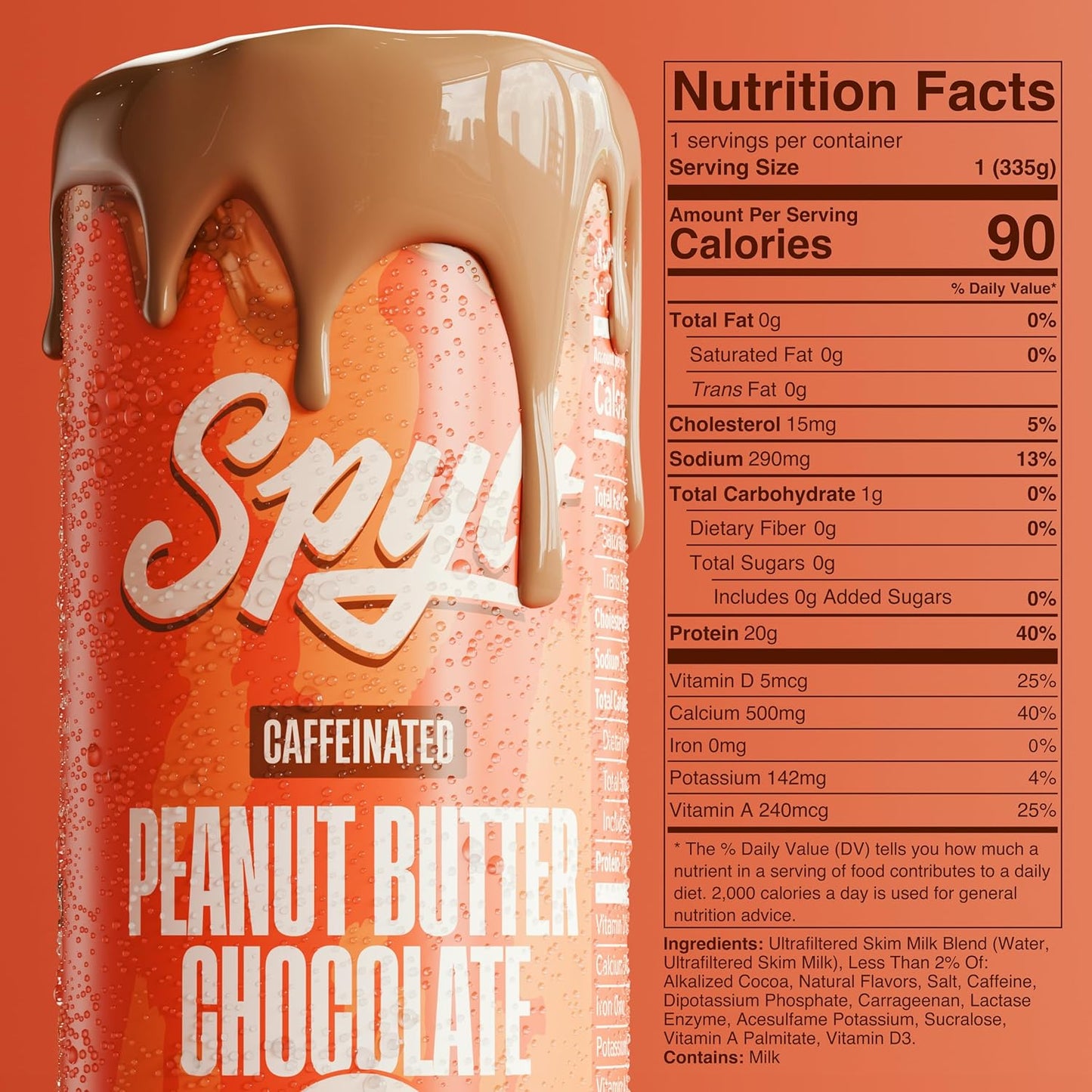 Spylt High Protein Peanut Butter Chocolate Milk with 60mg Caffeine & 20g Protein - 90 Calories, Ready to Drink, Sugar Free, Lactose Free Milk, Perfect for Workout Recovery & Afternoon Pick Me Up - 12 Count