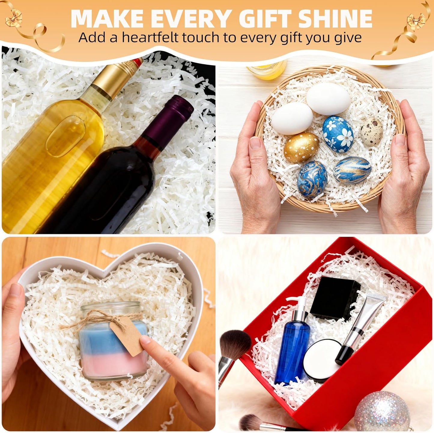 LWWTBS Crinkle Cut Paper 7oz Shredded Packing Grass Cushion Paper for Gift Baskets Christmas Wedding Birthday Bridesmaid Engagement Craft Gift boxes Stuffing Bags Filler (White)