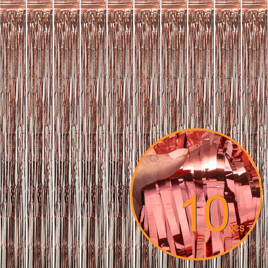 10 Pack Rose Gold Foil Curtain Backdrop Metallic Tinsel Foil Fringe Curtains Photo Booth Props for Birthday Wedding Engagement Bachelorette Christmas Holiday Celebration Party Decorations Supplies