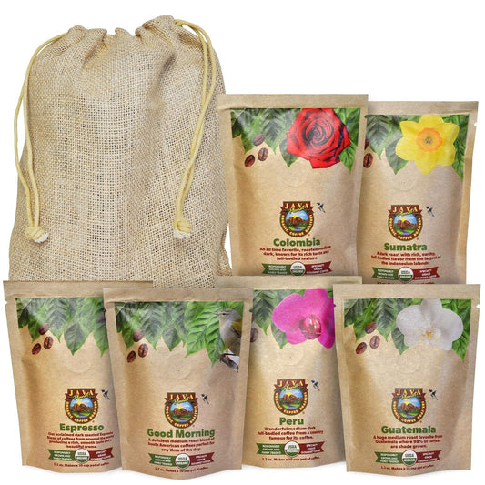 Sampler Variety Pack, Low Acid Organic Coffee Beans in Linen Gift Bag: Whole Bean, Mold-Free & Stomach Friendly, by Java Planet - Arabica Gourmet Coffee, 1.32 LBs of coffee packaged in six 3.2 oz bags
