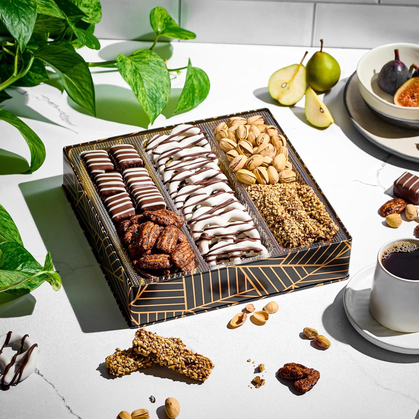 Oh! Nuts Chocolate and Nuts Gift Basket - Gourmet Truffles & Chocolates Pretzels - Assorted Nut Gift Square Metal Tin Box - Healthy Food Gifts Baskets for Holiday, Birthday, Corporate, Women & Men