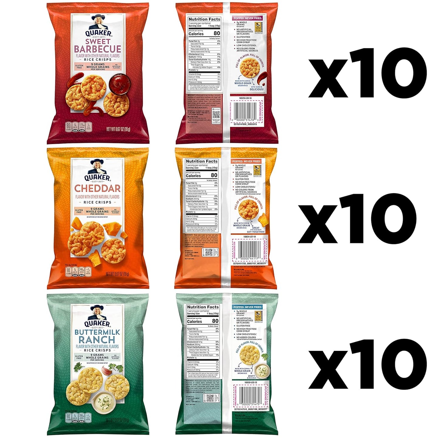 Quaker Rice Crisps, Gluten Free, 3 Flavor, Single Serve, 0.67, Savory Variety Pack, 20.1 Oz,Pack of 30