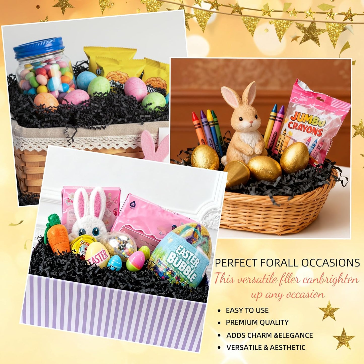 LWWTBS Crinkle Cut Paper 7oz Shredded Packing Grass Cushion Paper for Gift Baskets Christmas Wedding Birthday Bridesmaid Engagement Craft Gift boxes Bags Filler (Black)